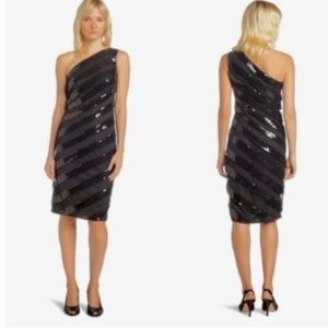 Tadashi Shoji One Shoulder Navy Blue Sequined Cocktail Dress Size 12